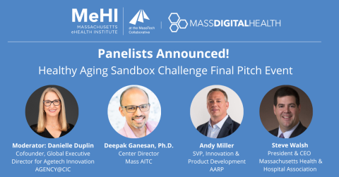 Panel moderated by Danielle Duplin, Co-founder and Global Executive Director for Agetech Innovation at AGENCY @CIC. Panelists are Deepak Ganesan, Center Director for MassAITC, Andy Miller, SVP for Innovation & Product Development at AARP, and Steve Walsh, President and CEO of the Massachusetts Health & Hospital Association.