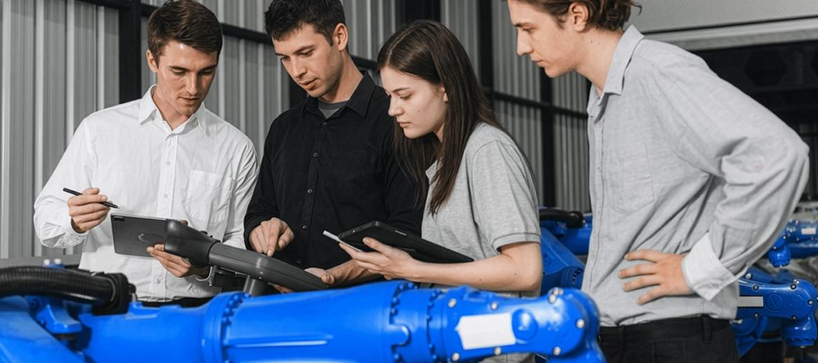 Trainees working in robotics 